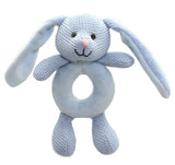 Blue knitted bunny toy with a ring on a white background