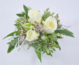 white mini rose wrist corsage 