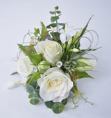 Gorgeous mini white rose wrist corsage with foliage and diamante