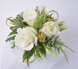 white rose wrist corsage with gold accents